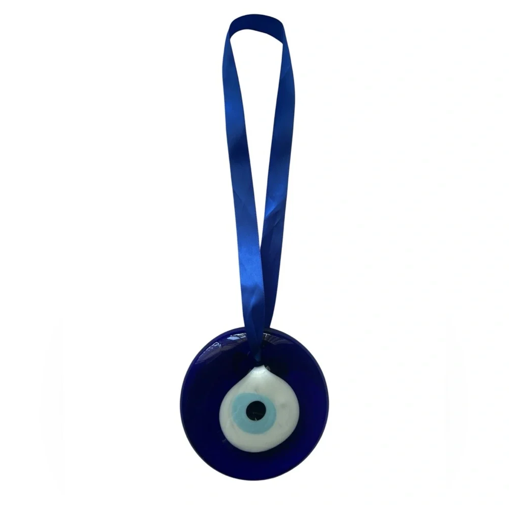 Blue Evil Eye Glass Wall Decor with Ribbon